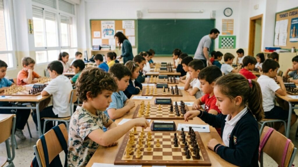 Niños en actividades extraescolares de ajedrez en el colegio